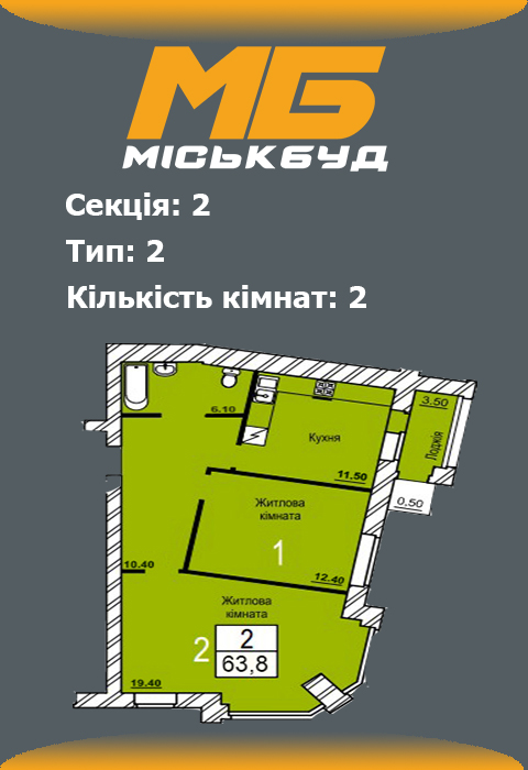 Планування двокімнатної квартири 2 тип