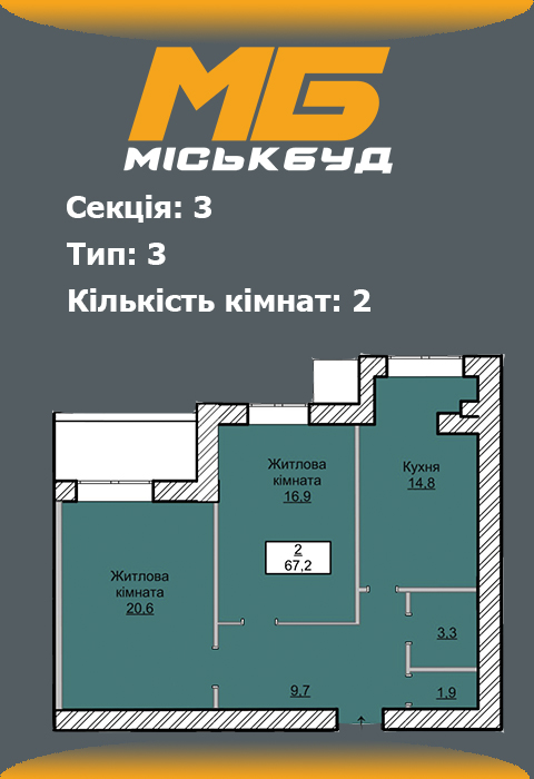 Планування двокімнатної квартири 7 тип