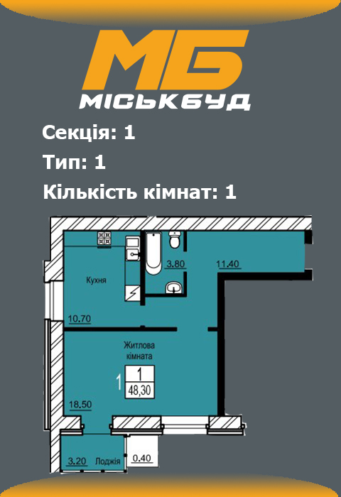 Планування однокімнатної квартири 1 тип
