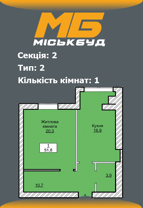 Планування однокімнатної квартири 5 тип
