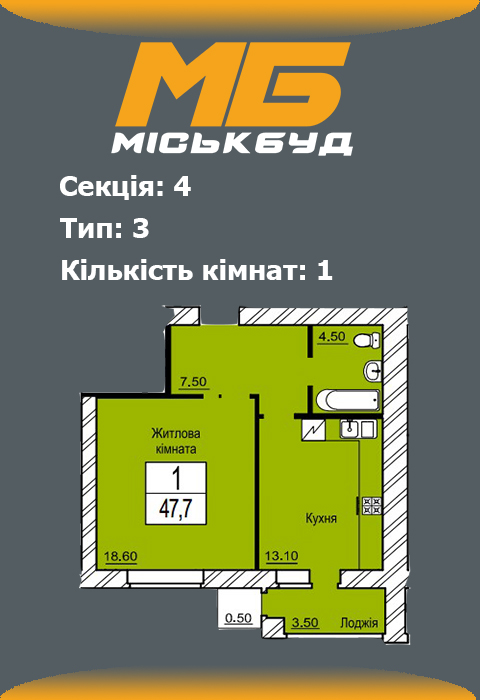 Планування однокімнатної квартири 14 тип