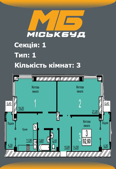Планування трикімнатної квартири 1 тип