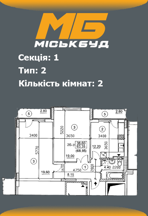 Планування двокімнатної квартири 3 тип
