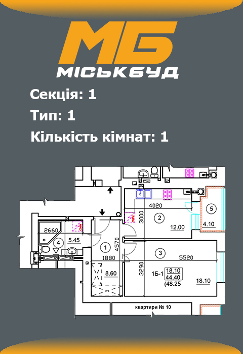 Планування однокімнатної квартири 1 тип